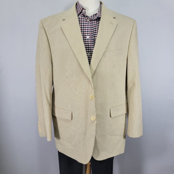 Chaps Men's Sport Coat Blazer Three Button Beige Seersucker Striped‎ Cotton 48R